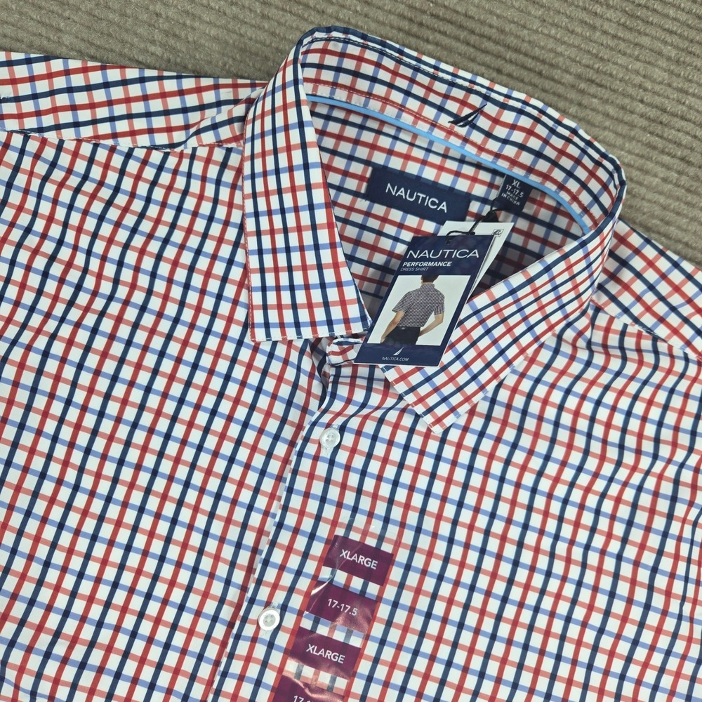 Nautica Mens XL Red White Blue Performance Stretch Tattersall Dress Shirt
